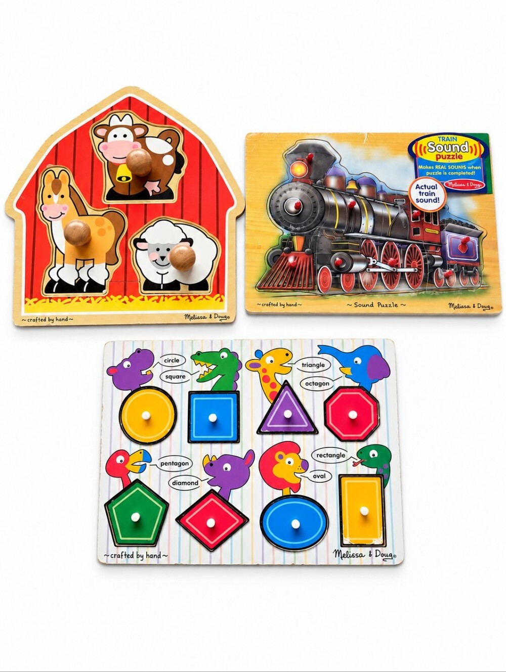 Melissa & Doug Wooden Peg Puzzles Set of 3 (Barn, Train Sound Puzzle, Shapes)